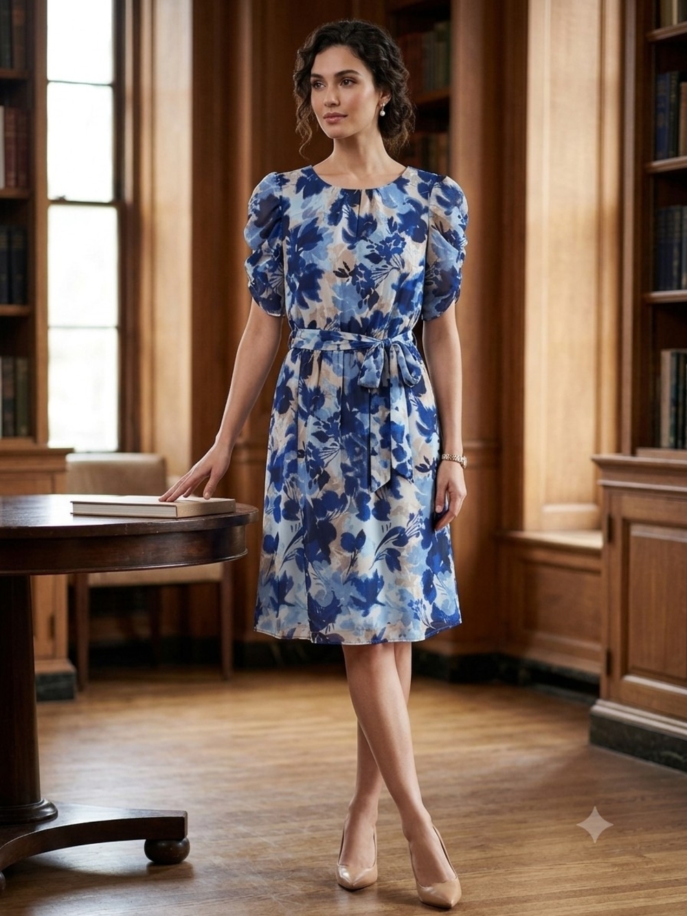 size 12 Jessica Howard Blue and Cream Floral Tie-Waist Midi Dress